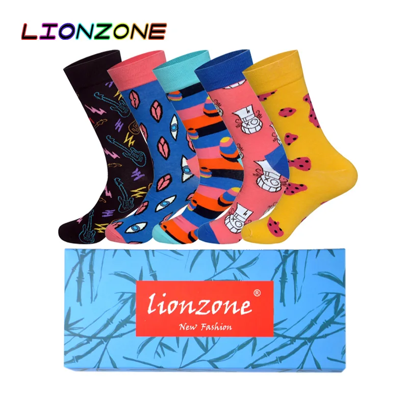 LIONZONE 5 пар/лот мягкие мужские брендовые носки для отдыха забавные с гитарой клоуны шары дизайнерские счастливые носки с подарочной коробкой - Цвет: Gift box