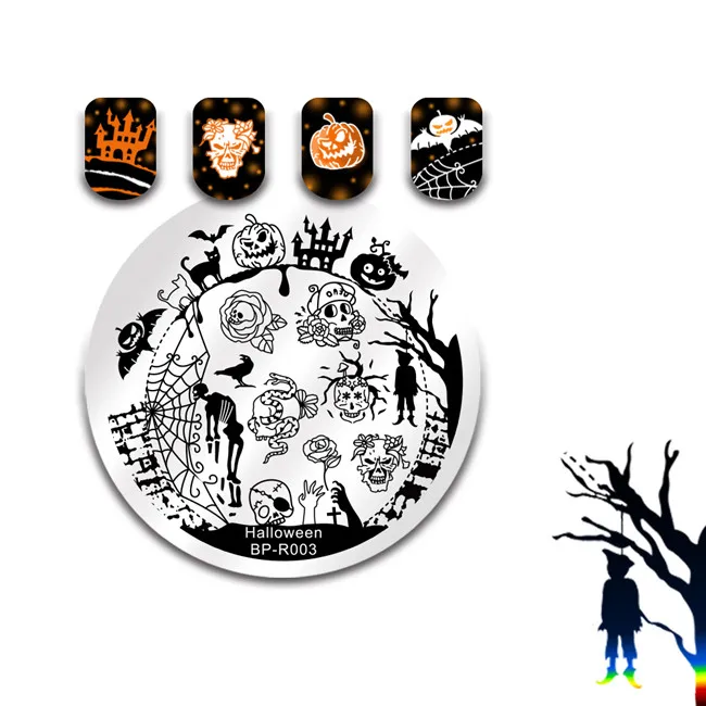 Halloween - R003 BORN PRETTY Хэллоуин день штамповки шаблон кошка ведьма летучая мышь череп Тыква Мотылек призрак замок Зомби дизайн ногтей штамп пластины - Цвет: Halloween - R003