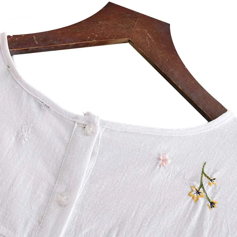 LANC CADE women sweet floral embroidery blouse flare sleeve O neck pleated shirts ladies summer chic fashion tops blusas |