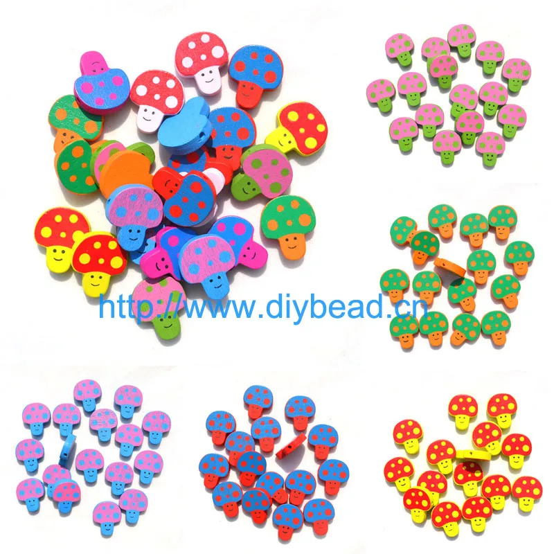 20pcs DIY Ювелирные изделия дети Отдел рукоделия браслет аксессуары деревянные бусины с мультяшным принтом Грибная голова смешанный цвет