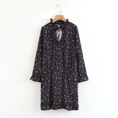 za Women european exotic foral print full sleeve floral XZ1451 pleated one-piece Dress Hot Sale Clothing vestidos | Женская одежда