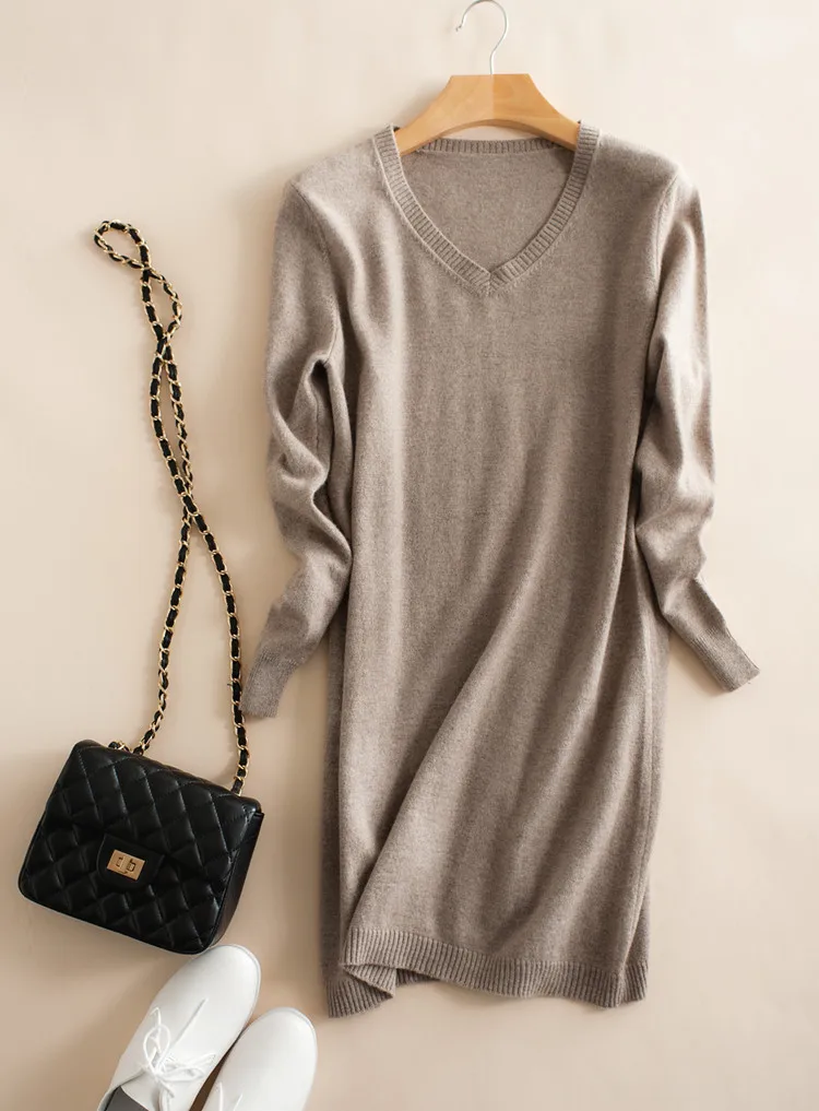 100%goat cashmere knit women's commuting pullover sweater dress mid long above knees V/O-neck S/5XL wholesale retail | Женская