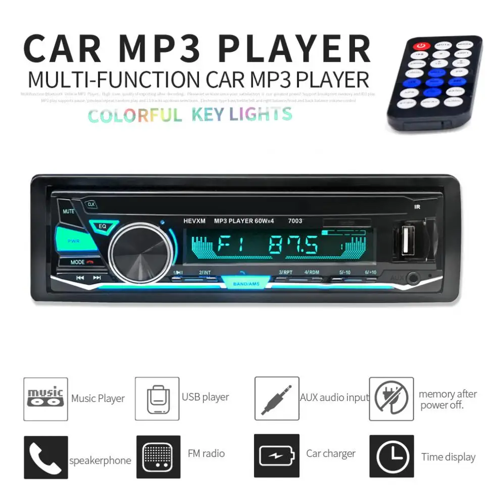 12V 1 DIN In-Dash Bluetooth 7 цветной светильник Стерео FM радио MP3 аудио плеер Поддержка