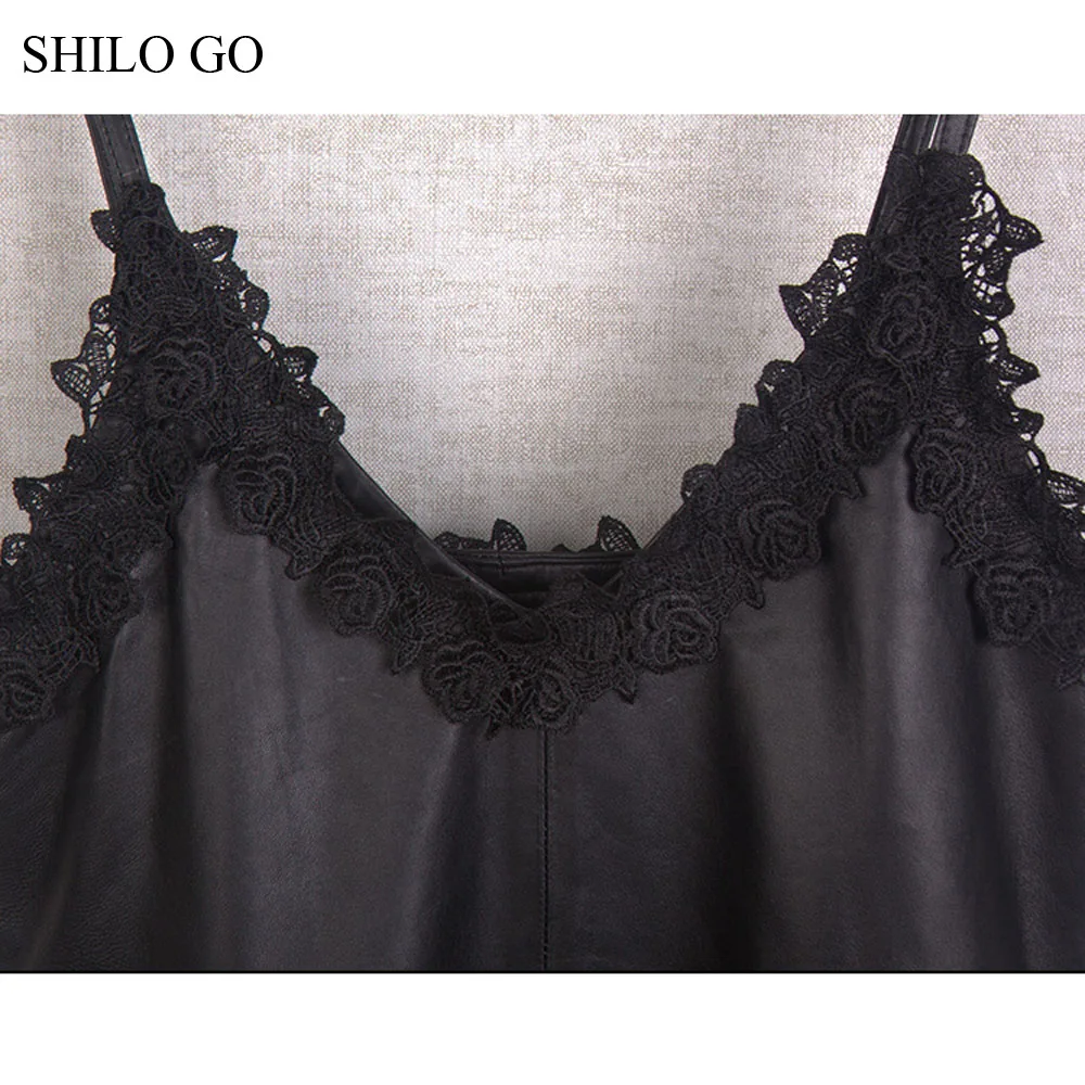 SHILO GO кожаное платье осеннее модное платье из натуральной овечьей кожи сексуальное кружевное платье с v-образным вырезом на тонких бретельках круглое металлическое платье с заклепками