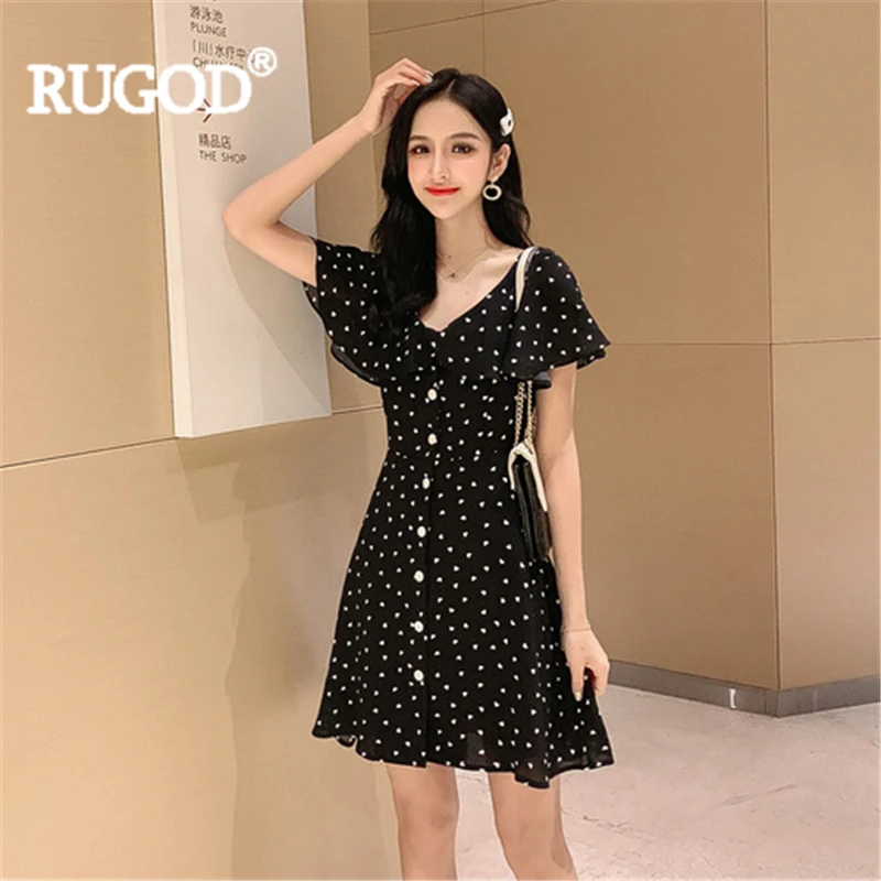 RUGOD Women chiffon mini dress ruffled dot butterfly sleeve high waist a-line elegant 2019 new arrival fashion vintage | Женская одежда