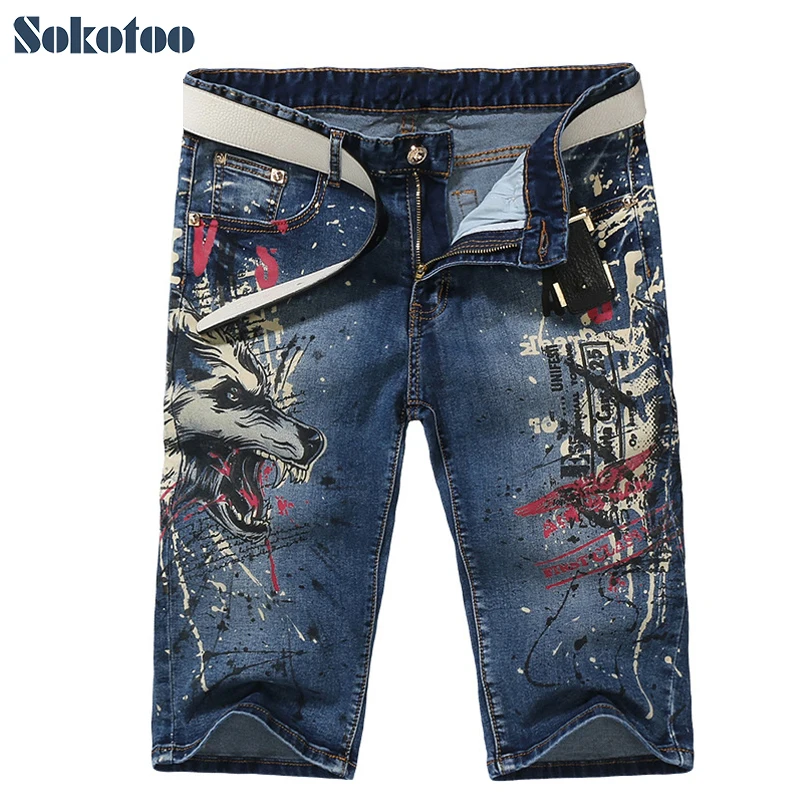Sokotoo Men's fashion slim wolf print jeans Male casual knee length stretch denim shorts | Мужская одежда