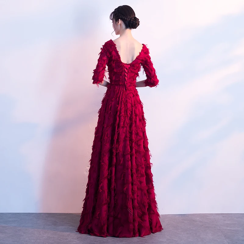 Weiyin Vestido De Festa красное кружевное платье с v-образным вырезом и шнуровкой длинное