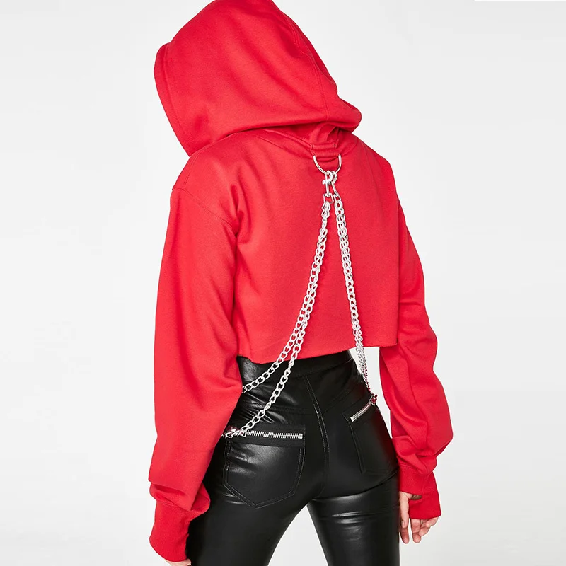 Red Harajuku/одежда с длинными рукавами, с капюшоном, в стиле «пэчворк» цепочкой пикантные кроп-топы осень-зима Новинки для женщин модная обувь для ночного клуба DJ Свитшот толстовки - Цвет: Red