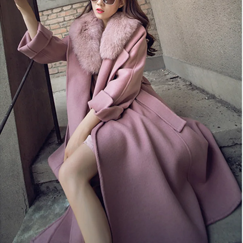 Модное шерстяное пальто с воротником из лисьего меха Осень-зима 2018 длинное