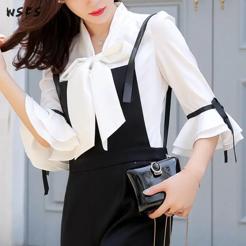 

2 Piece Sets Summer White Bow Chiffon Half Sleeve Shirt Sexy Party Bandage Black Striped Overalls Shorts Sexy Party Women Dress