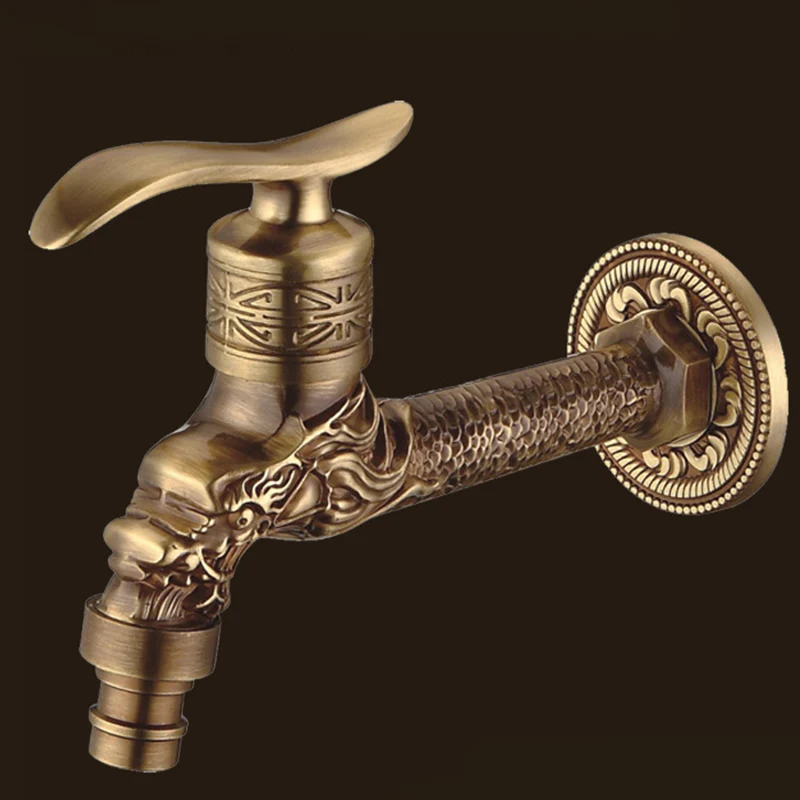 

1pc Carved Wall Mount Bibcock Brass Retro Tap Decorative Outdoor Garden Taps Washing Machine Mop Luxury Antique WC Faucet