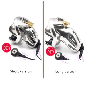 Мужской Электрический удар, нержавеющая сталь, длинная клетка целомудрия, металлический член, кольцо для пениса, носилки, замок, БДСМ, секс-игрушки для удерживания