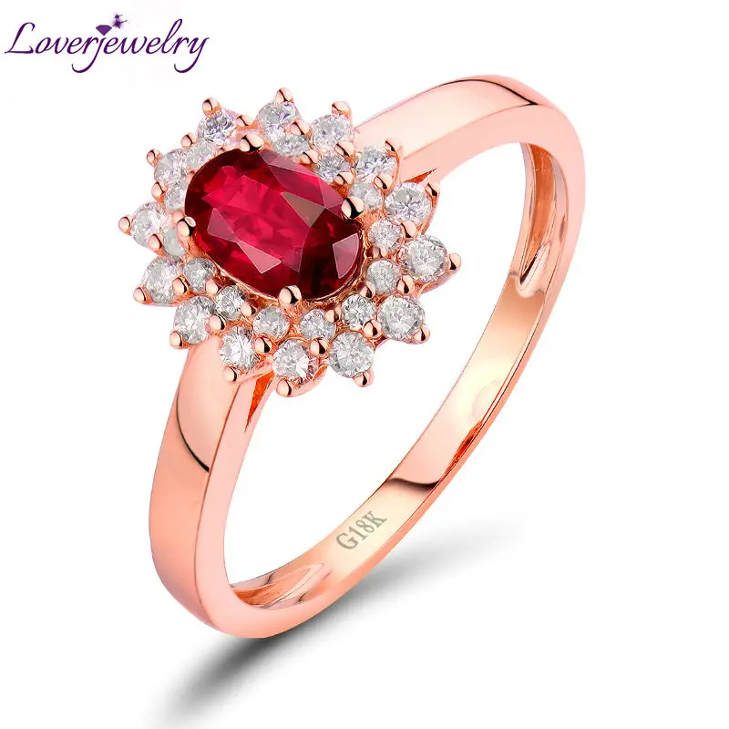 

LOVERJEWELRY Lady Finger Rings Pure 18Kt Rose Gold White Diamonds July Birthstone Natural Red Ruby Wedding Ring For Women