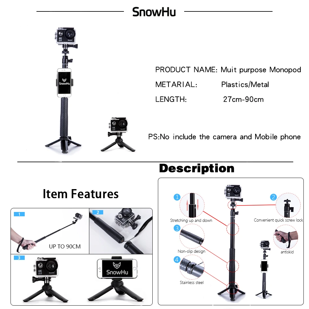 SnowHu новый набор аксессуаров для Gopro Hero монопод Go pro hero 9 8 7 6 5 EKEN H9 Yi 4K Lite EVA чехол