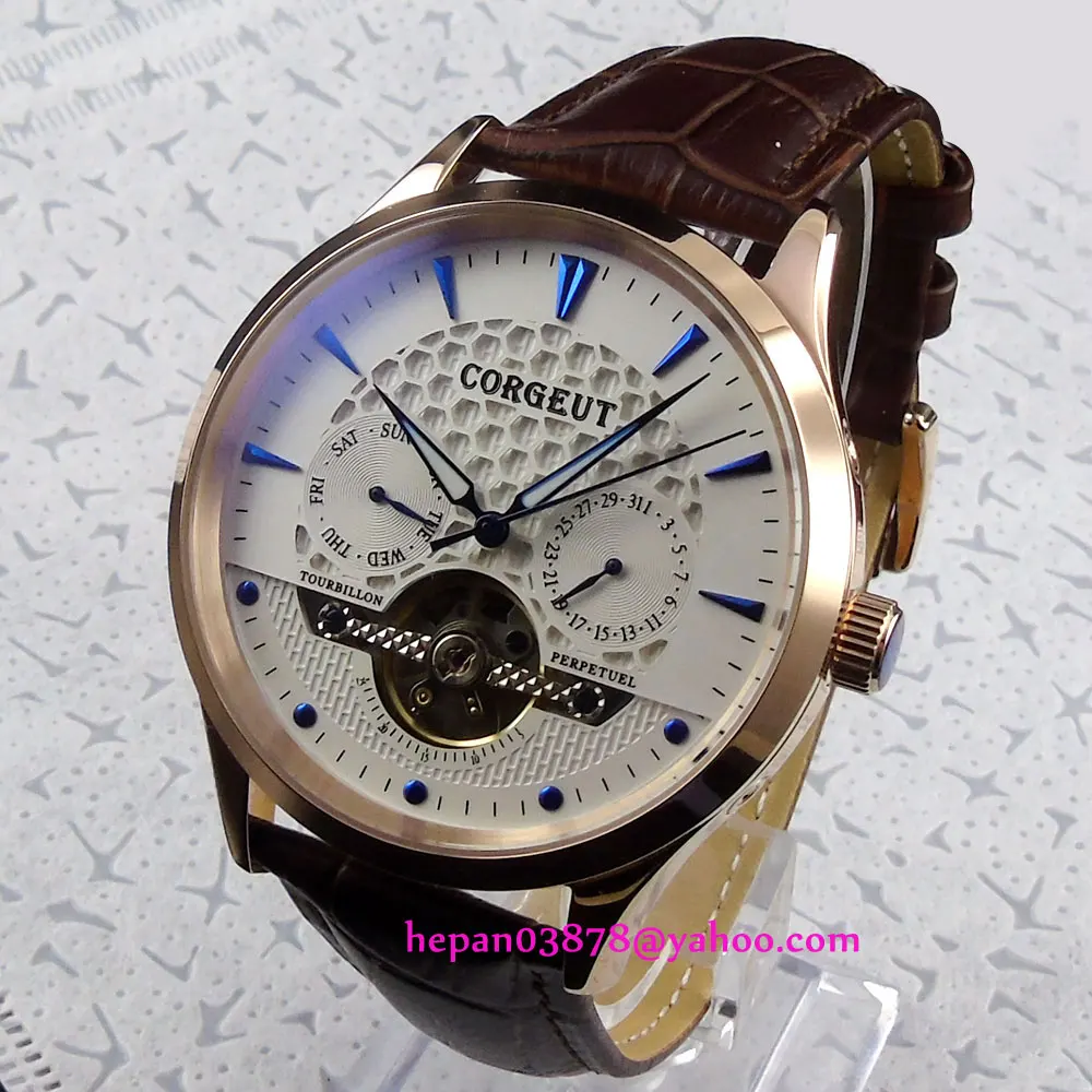 44mm Corgeut White dial blue hands Domed glass Golden case week&ampdate Multifunction Automatic movement men's watch P206 | Наручные