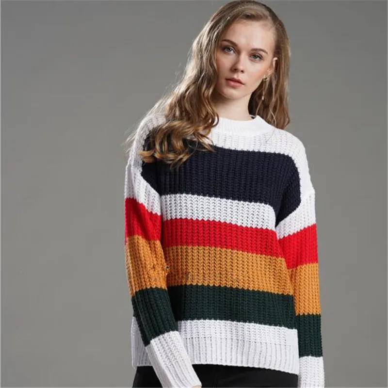 WKOUD 2019 Winter Women Clothes Fashion Striped Printed Sweaters Sexy Long Sleeve OL Knitted Pullovers New Streetwear Y8055 | Женская