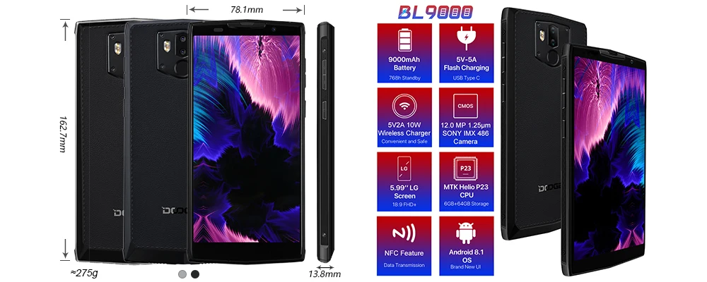 DOOGEE BL9000 смартфон 6 ГБ 64 Гб Helio P23 Восьмиядерный 5V5A флэш-зарядка 9000 мАч Беспроводная зарядка 5,9" FHD+ Android 8,1 МП
