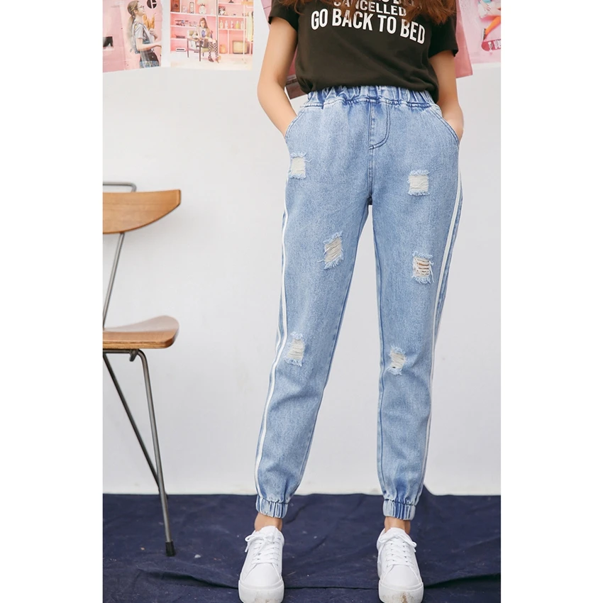 2018 New Vintage Holes Jeans Women Casual Denim Pant Spring Summer High Waist Ripped Jean Ladies White Striped jogger pants |