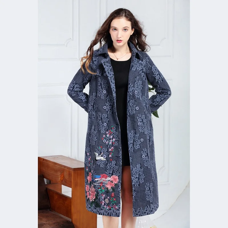 dark blue Новинка, осенне-зимнее кружевное пальто-Тренч, женское милое двубортное пальто с цветочной вышивкой и поясом, ветровка, верхняя одежда - Цвет: dark blue