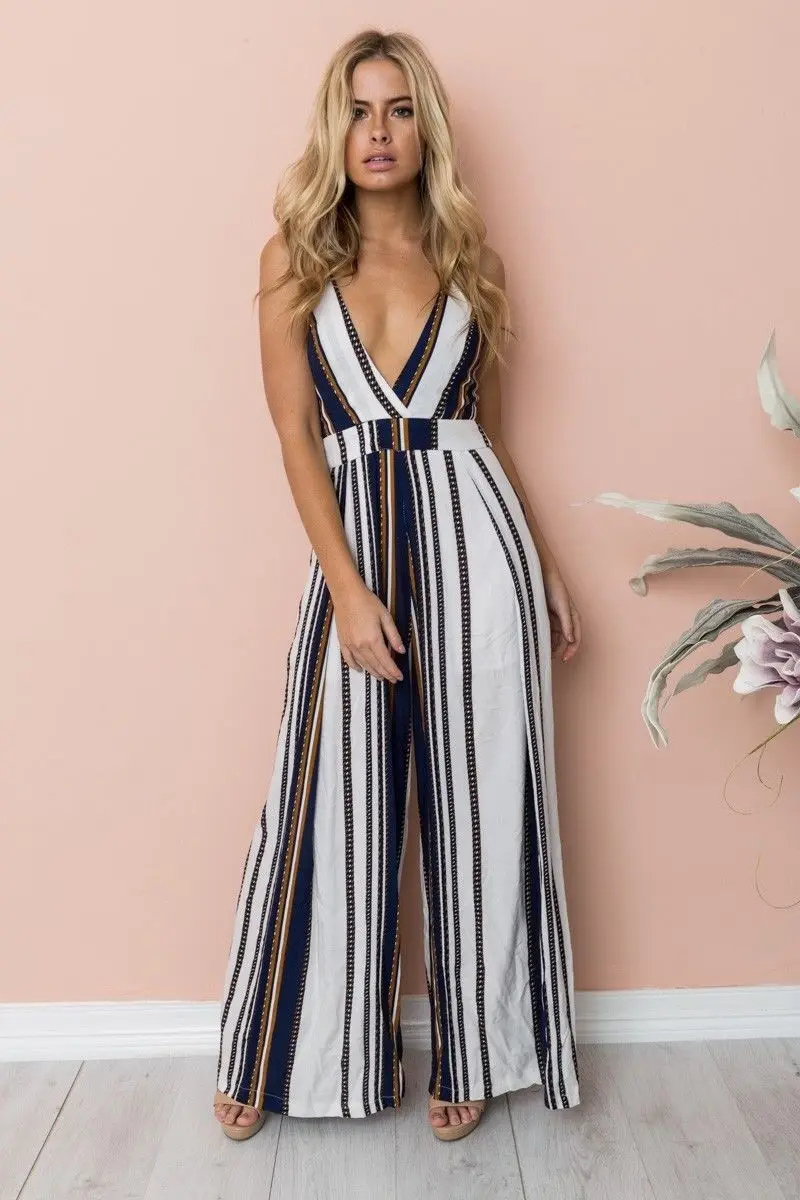 

Hirigin 2019 Newest Summer Women Ladies One Piece Floral Sleeveless Striped Jumpsuit Romper Casual Clubwear Wide Leg Outfits