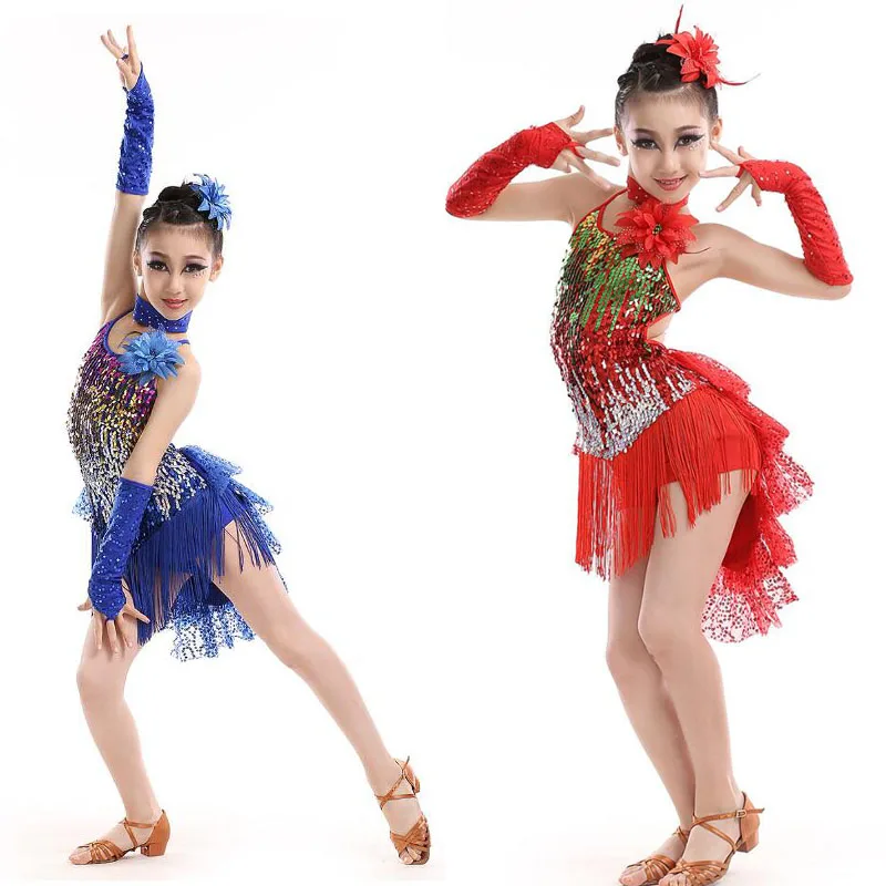 Новое платье с кисточками для латинских танцев детские синие/красные костюмы