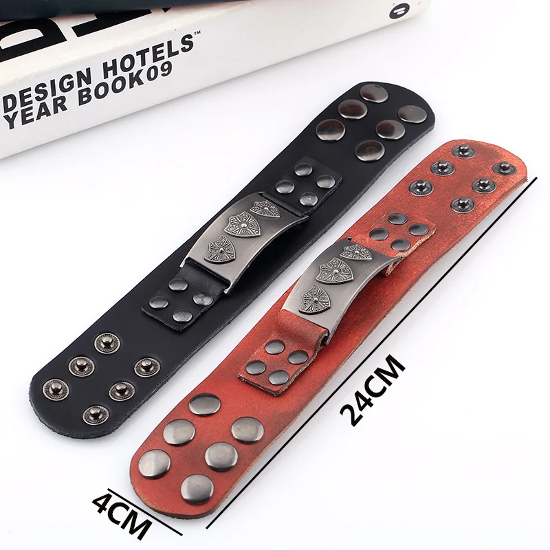 Fashion Vintage Punk Wide Genuine Leather Cuff Bracelet Alloy Shield Charm Buckle Bangle Wrap Women Wristbands Retro Men Jewelry | Украшения
