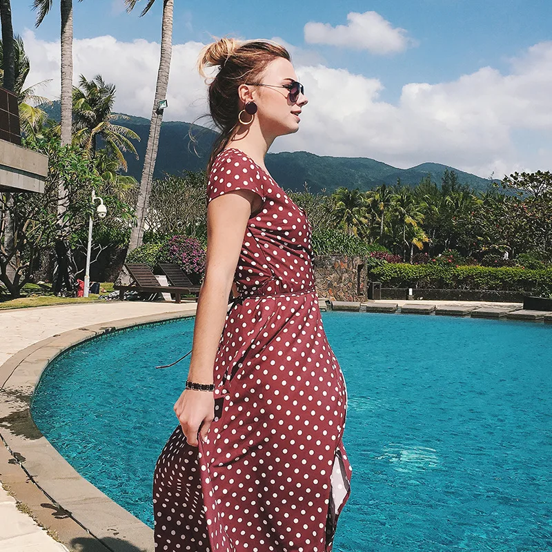 Летнее платье в горошек винтажное миди женское с запахом повседневные длинные