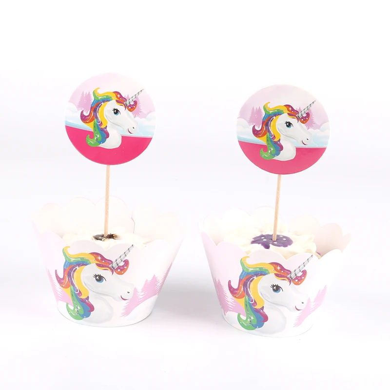 Единорог тема вечерние украшения Unicornio вечерние столовые приборы салфетки соломенный баннер для вечеринки в честь Дня Рождения Декор для детей детский душ - Цвет: Cake Wrappers 12set