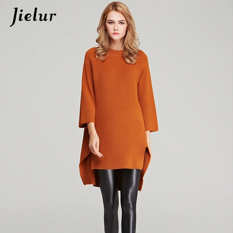 Jielur New Winter Long Sweater Loose Europe Solid Color Irregular Pullovers Three Quarter Sleeve Top Female Warm Woman Sweaters | Женская