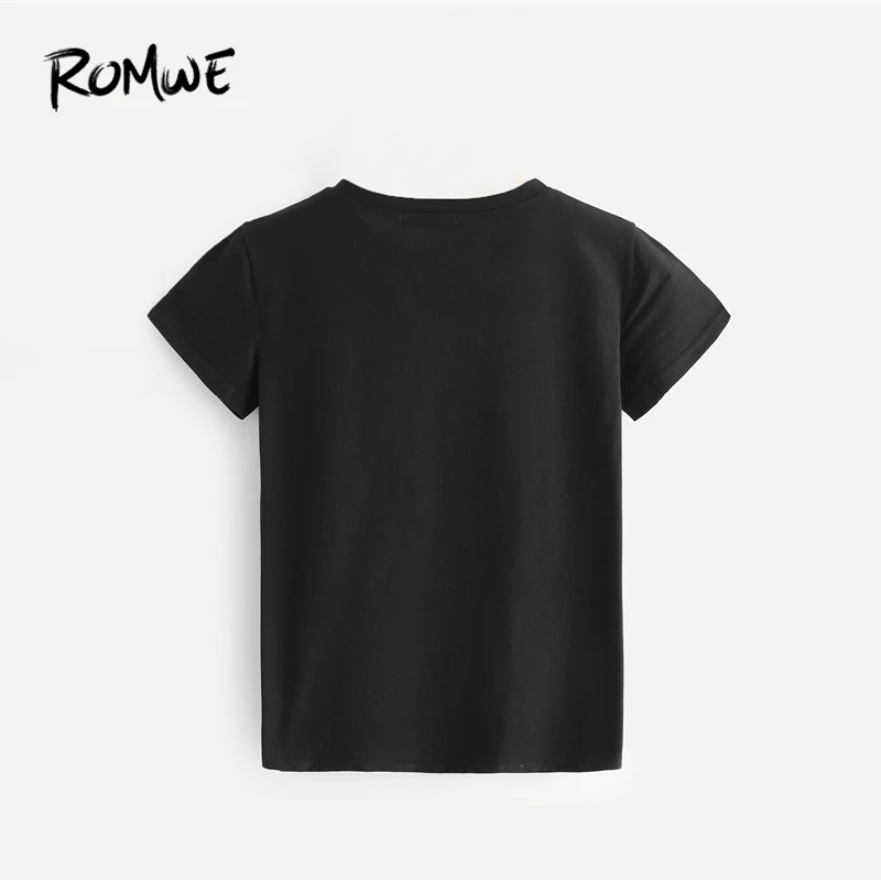 Футболка с принтом ROMWE Sunrise, черная Повседневная Женская одежда, уличная одежда, мультяшная футболка,, стильные женские шикарные летние топы с коротким рукавом