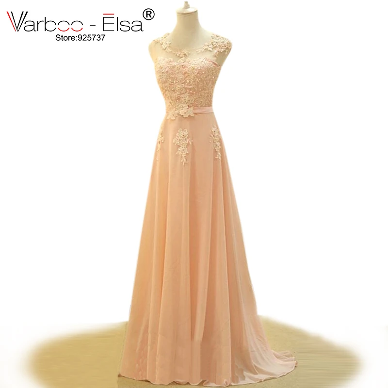 2018 elegant new design pink evening dress a-line long chiffon prom slim round neck lace appliques gowns | Свадьбы и торжества