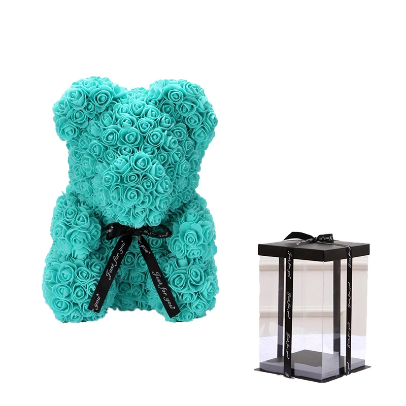 Cyan blue with box Милый плюшевый мишка 25 см/40 см, искусственные цветы розы, PE розовый Мишка для женщин, подруги, подарок на День святого Валентина для детей на день рождения - Цвет: Cyan blue with box