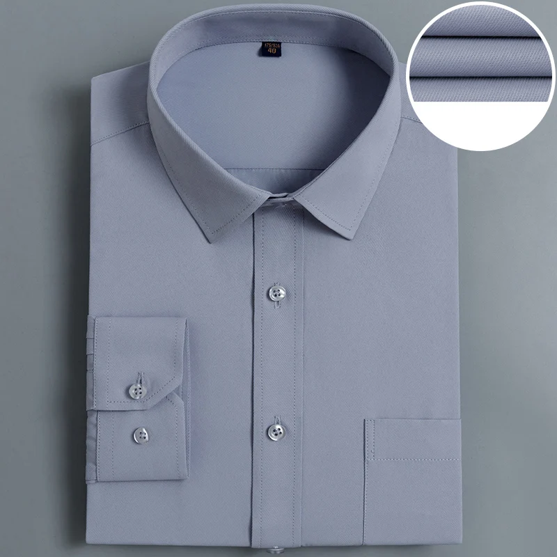 Размера плюс XXXL 4XL 5XL 6XL однотонная серая тонкая ткань саржевого переплетения Бизнес Формальные Для мужчин рубашки для мальчиков с длинным рукавом Элегантный Бизнес мужские офисные рубашки
