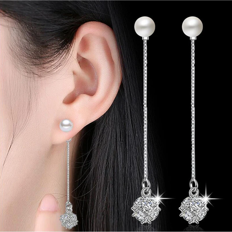 Luxury Synthetic Pearl Long Earrings Genuine Earrings for Women Silver Earrings Fashion Freshwater Pearl Jewelry