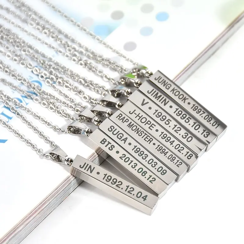 Fashion Members Name Date Cuboid Bar Pendant Necklace Jewelry Silver Titanium Chain Necklaces Pendants | Украшения и аксессуары