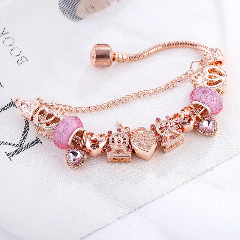 Подходит для европейских оригинальных браслетов, ветряная мельница, звезда, сердце, замок, Висячие короны, бусины, сделай сам, шарм, розовое золото, браслет для девочек, подарок