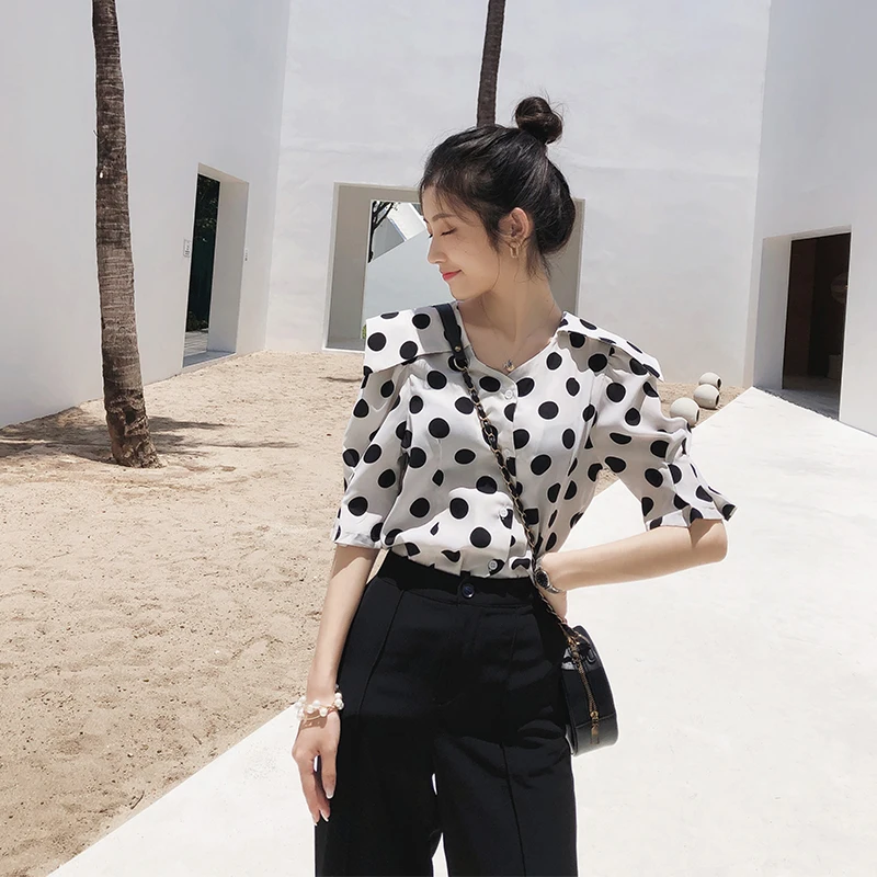 Летние женские топы и блузки Mishow 2019 рубашка в горошек повседневные шифоновые