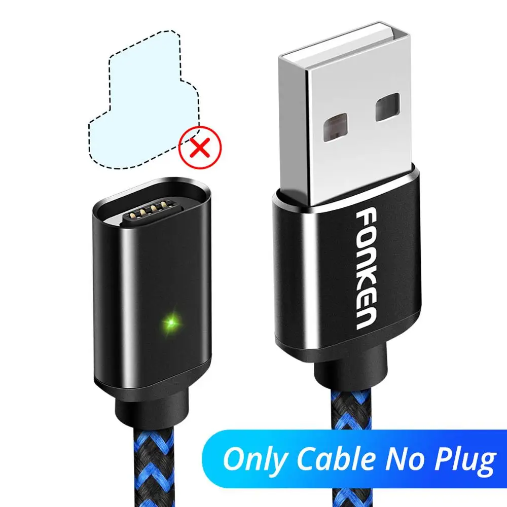 Магнитный кабель FONKEN Micro usb type C, магнитный usb-кабель для телефона, быстрое зарядное устройство 3A, шнур для быстрой зарядки для мобильных телефонов Android - Цвет: Black Cable NO Plug