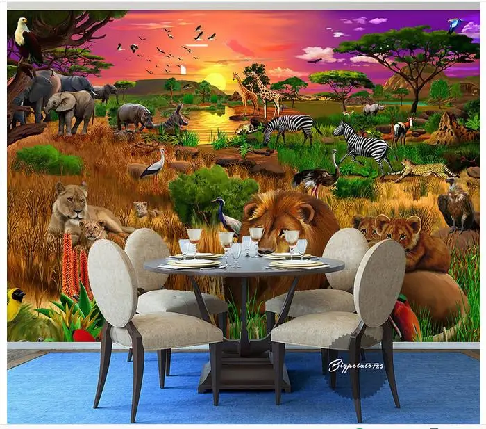 Пользовательские 3d обои Настенные мультфильм Солнечный свет лес Лев Слон орел
