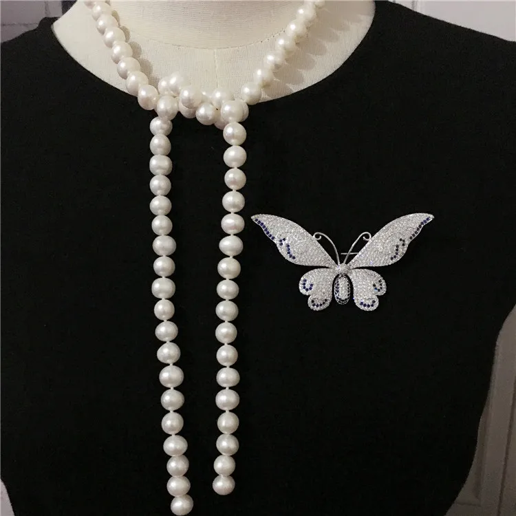 Hand knotted 7-8mm nearly round natural white freshwater pearl necklace long sweater chain butterfly accessories fashion jewelry | Украшения