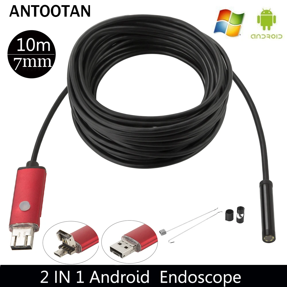 10 м usb-бороскоп Камера Эндоскоп 7 мм 2 в 1 OTG Micro USB эндоскопическая Инспекционная камера с 6 светодиодный для Android/Win7/8/10