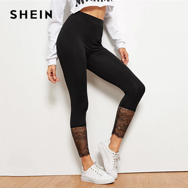 SHEIN Леггинсы С Высокой Талией И Кружевами Женские Черные Повседневные Леггинсы