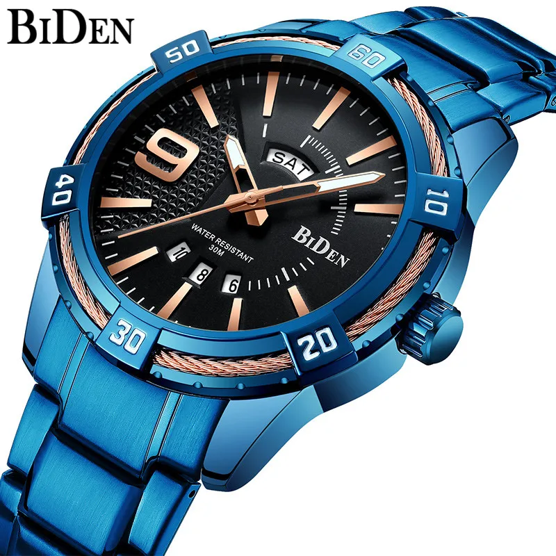 Mens Watches Luxury Fashion Calendar Sports Male Clock Gold Blue Stainless Steel Military Army Watch Waterproof Quartz Clock