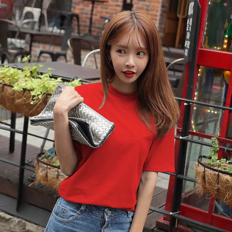 2018 spring summer girls solid t shirt short sleeve o neck women tops plus size 4XL cotton casual red shirts | Женская одежда