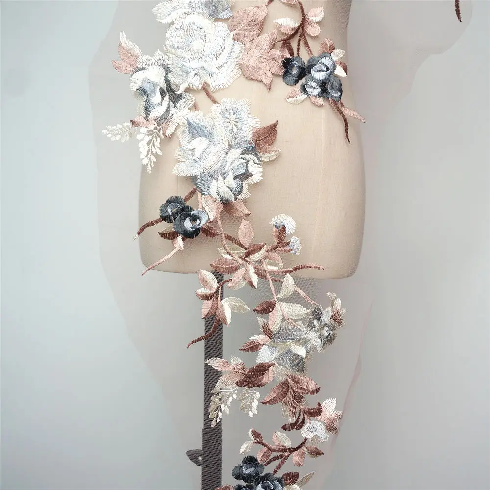 Коричневые вышитые цветы листья ветки свадебное платье кружевная отделка