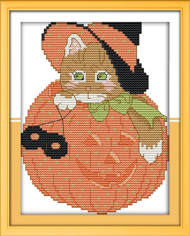 

Pumpkin cat cross stitch kit Halloween animal 14ct 11ct count print canvas stitches embroidery DIY handmade needlework plus