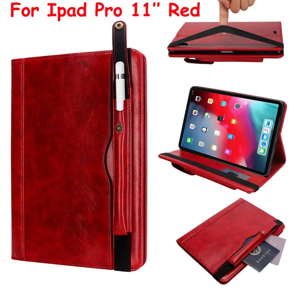 Untra-тонкий роскошный чехол из искусственной кожи для Apple iPad Pro 11 12,9 дюймов, деловой Чехол-книжка с подставкой для планшета, чехол с карандашом+ пленка - Цвет: Ipad Pro 11 Red