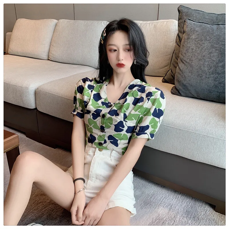 Korean style sweet crop tops v-neck print short sleeve Women's Clothing Blouses Shirts fashion brand high quality aesthetic hot | Женская