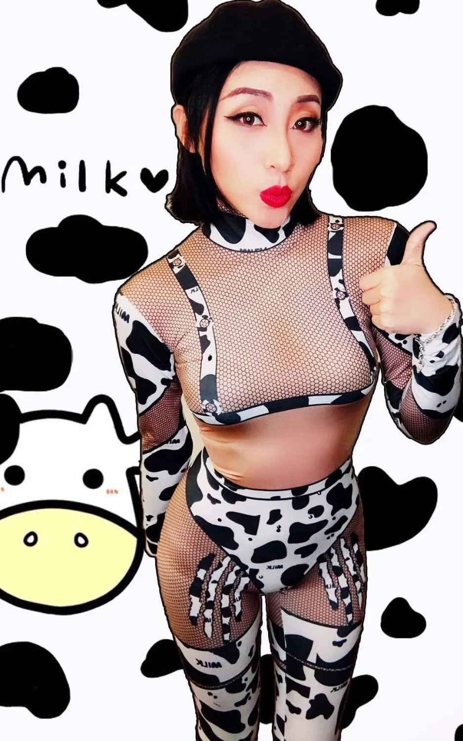 Для женщин новый 3D с принтом коровы черно белый горошек комбинезон стретч для