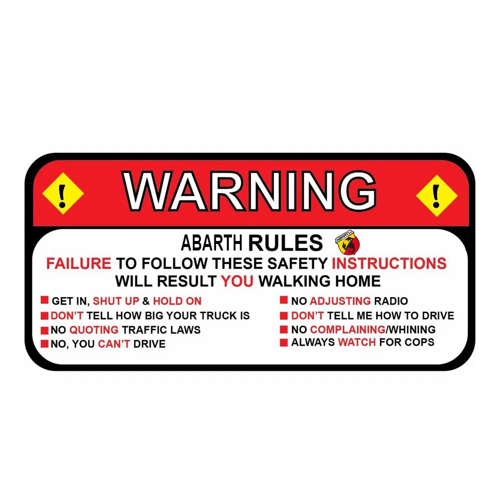 

for fiat abarth 500 Rules Warning Safety Instructions Funny Decal Sticker Wrangler Sahara